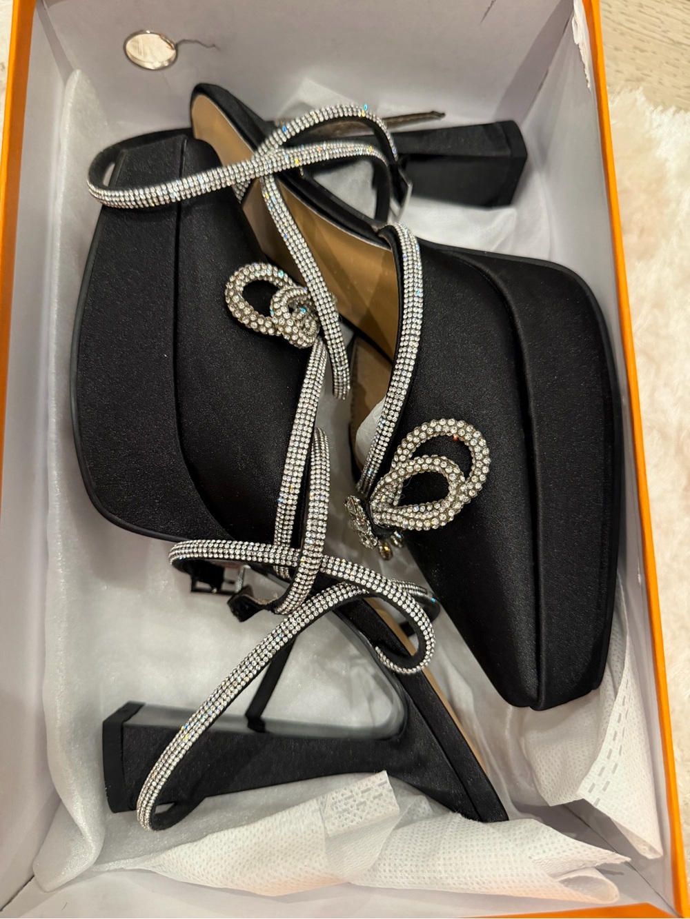 Black Crystal-Strap Platform Heeled Sandals